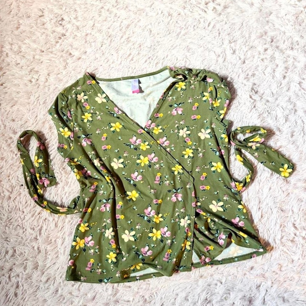 Cottage Core Indie Earthy Asymmetrical Floral Wrap Top Womens XL Peasant Hobbit